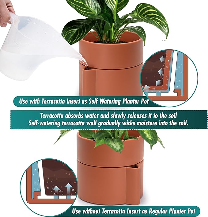 8 Inch Self-Watering Planter Pot with Terracotta Insert, Deep Water Reservoir, and Ceramic-Alike BPA-Free Plastic Planter Pot for Plant, Modern Planter for Houseplants, Terracotta, 53-A-T-3