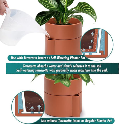 8 Inch Self-Watering Planter Pot with Terracotta Insert, Deep Water Reservoir, and Ceramic-Alike BPA-Free Plastic Planter Pot for Plant, Modern Planter for Houseplants, Terracotta, 53-A-T-3