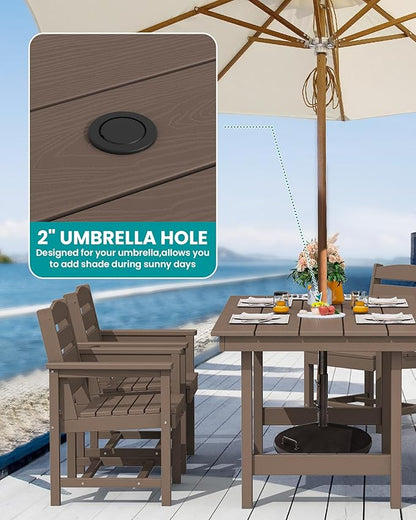 SERWALL Outdoor Dining Set for 6, HDPE Furniture Set with Umbrella Hole, All Weather Bench & Chairs, Coffee Table