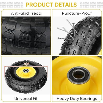 TICONN 10" Solid Tires, 4 Pack Flat Free 4.10/3.50-4'' Wheels with 5/8” Axle Bore Hole and Double Sealed Bearings (Yellow, 4PK)
