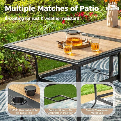 7 Pcs Patio Dining Set for 6, Rectangular Metal Dining Table (PVC Table Top) with Umbrella Hole and 6 Chairs, Outdoor Dining Set for Lawn Garden Deck, Blue