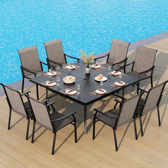 PHI VILLA Patio Dining Set for 8,Extra Large Square Metal Table with 1.9" Umbrella Hole and 8 Textilene Dining Chairs,Breathable,Waterproof,Durable and Sturdy,Outdoor Table and Chairs for Outside