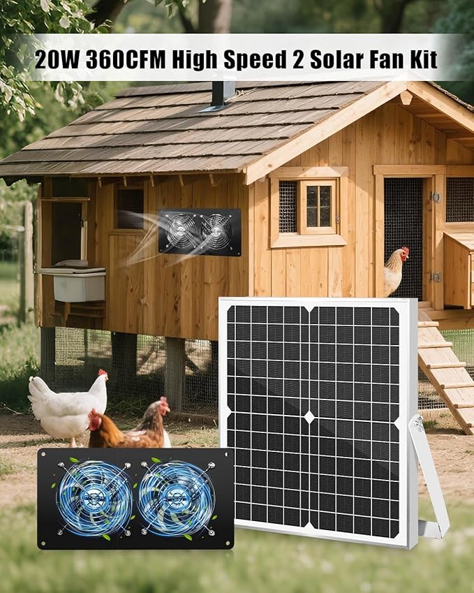 20W Solar Fan Kit for Greenhouse, Solar Panel Powered Dual Exhaust Fans, 3500 RPM IP67 Waterpoof Attic Fan for Chicken Coop, Dog House, Shed, Pet House Air Cooling