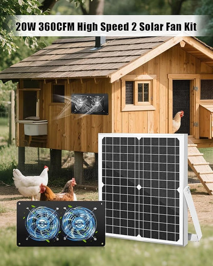 20W Solar Fan Kit for Greenhouse, Solar Panel Powered Dual Exhaust Fans, 3500 RPM IP67 Waterpoof Attic Fan for Chicken Coop, Dog House, Shed, Pet House Air Cooling