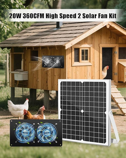 20W Solar Fan Kit for Greenhouse, Solar Panel Powered Dual Exhaust Fans, 3500 RPM IP67 Waterpoof Attic Fan for Chicken Coop, Dog House, Shed, Pet House Air Cooling