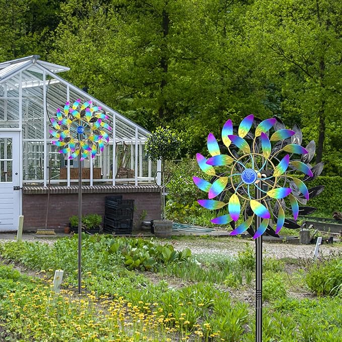 Metal Outdoor Wind Spinner, 2-Way Wind Sculpture Spinner with Metal Stake, Waterproof 360 Degrees Kinetic Windmill Art Decoration for Patio Garden Lawn (A- Colorful)