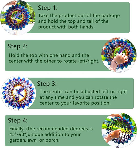 Hummingbird Wind Spinner,Hanging Wind Spinners Outdoor for Garden Decoration，12 inch 3D Stainless Steel Wind Sculpture for Indoor/Outdoor Decor