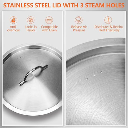 Large Stock Pot with Lid - 40 Quart Stainless Steel Cookware, 10 Gallon Heavy Duty Soup Pot, Big Pots for Cooking, Compatible Induction & Oven