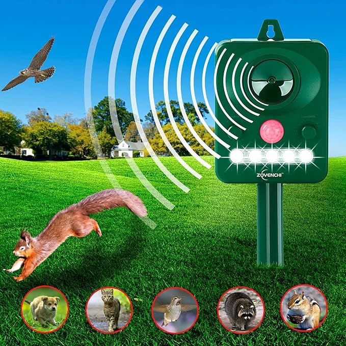 Ultrasonic Animal Deterrent with Flashing Strobe Light, Solar Powered Outdoor Repeller for Raccoons, Cats, Deer, Squirrels, Motion-Activated, Humanely Protects Garden & Lawn.