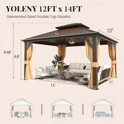YOLENY 12' x 14' Gazebo, Hardtop Gazebo with Aluminum Frame, Double Galvanized Steel Roof, Curtains and Netting Included, Metal Gazebos Pergolas for Patios, Garden, Parties, Lawns