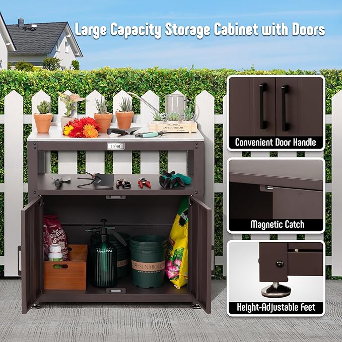 Garden Potting Bench with Storage Cabinet,Outdoor Gardening Table & Work Bench for Plants, Horticulture,Outdoor Workstation with Stainless Steel Tabletop,Outdoor Work Table