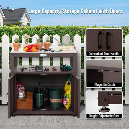Garden Potting Bench with Storage Cabinet,Outdoor Gardening Table & Work Bench for Plants, Horticulture,Outdoor Workstation with Stainless Steel Tabletop,Outdoor Work Table