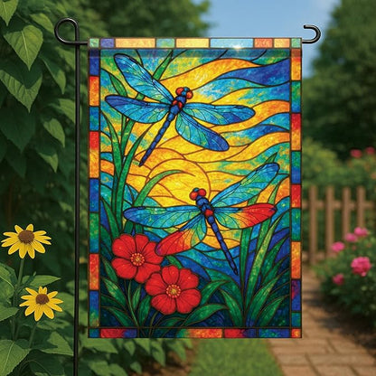 Spring Summer Dragonfly Stained Glass Garden Flag 12x18 Inch Vertical Double Sided Vibrant Outdoor Decor for Yard Lawn Patio Garden Flag for Seasonal Home and Garden Decoration