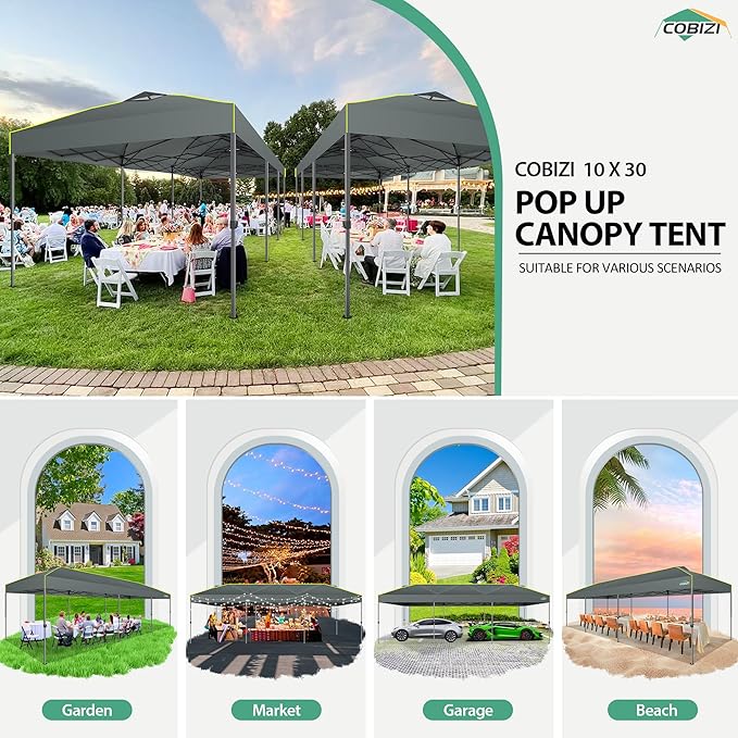 COBIZI 10x30 Pop Up Canopy Tent with Air Vent EZ Pop Up Party 10x30 Canopy Tent Waterproof and UPF50+,Outdoor Canopy Tent for Parties Wedding Events,with Roller Bag, Sandbags(Gray