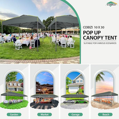 COBIZI 10x30 Pop Up Canopy Tent with Air Vent EZ Pop Up Party 10x30 Canopy Tent Waterproof and UPF50+,Outdoor Canopy Tent for Parties Wedding Events,with Roller Bag, Sandbags(Gray