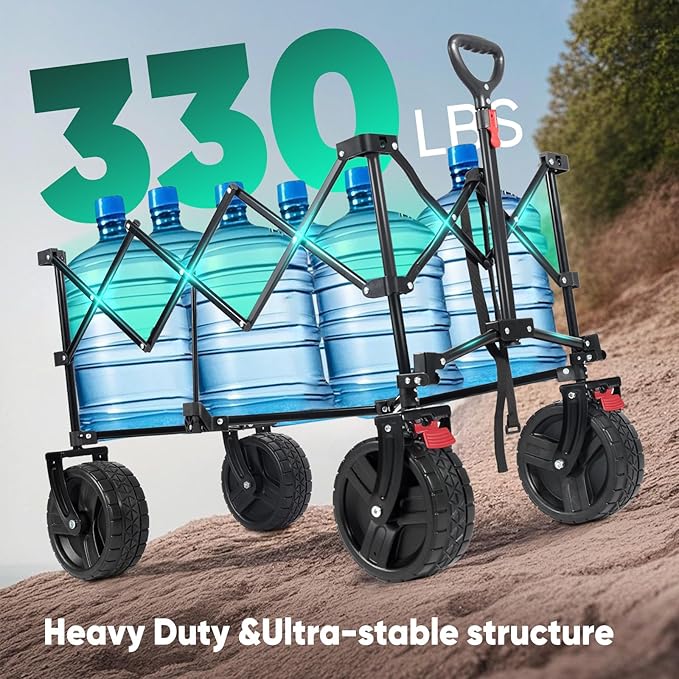Collapsible Wagon Cart with Big All-Terrain Beach Wheels, Foldable Heavy Duty Wagons with Cup Holders, Utility Carts for Camping, Garden, Outdoor, Grocery, Sports. Blue & Gray