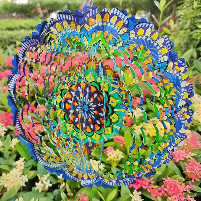 Wind Spinners Flowers Lucky Star 12 inch 3D Stainless Steel Laser Cut Metal Art Geometric Pattern Wind Sculpture Hanging for Yard Garden Decorations Gifts Indoor Outdoor