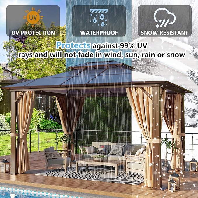 Aoxun 10'x12' Hardtop Gazebo, Aluminum Frame Permanent Pavilion with Curtains and Netting, Outdoor Polycarbonate Double Roof Canopy with String Lights, for Garden, Lawns, Patio, Brown