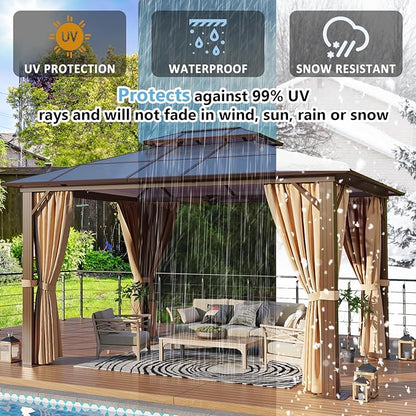 Aoxun 10'x12' Hardtop Gazebo, Aluminum Frame Permanent Pavilion with Curtains and Netting, Outdoor Polycarbonate Double Roof Canopy with String Lights, for Garden, Lawns, Patio, Brown