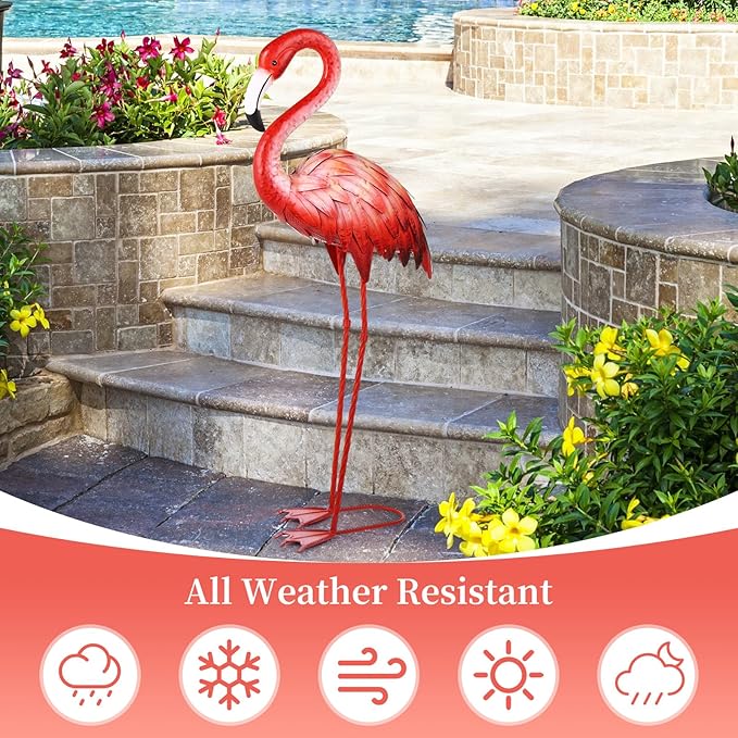 Shorayn Pink Flamingo Garden Statue Outdoor Decor Metal Yard Art Lawn Ornaments for Backyard Pond Patio Porch Outside Decorations,Large Size