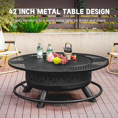 42 Inch BBQ Fire Pit with 2 Grills,3-in-1 Outdoor Round Metal Fire Pit Table with Lid,Fire Poker,Large Outdoor Wood Burning Firepits for Outside,Picnic,Bonfire Backyard Patio(Black)