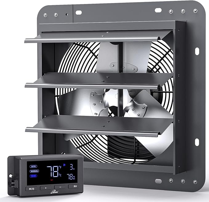 iLiving 12" Wall Mounted Shutter Exhaust Fan, Automatic Shutter, Temperature and Humidity Controls with Variable Speed, 960 CFM at 1600 RPM DC Motor