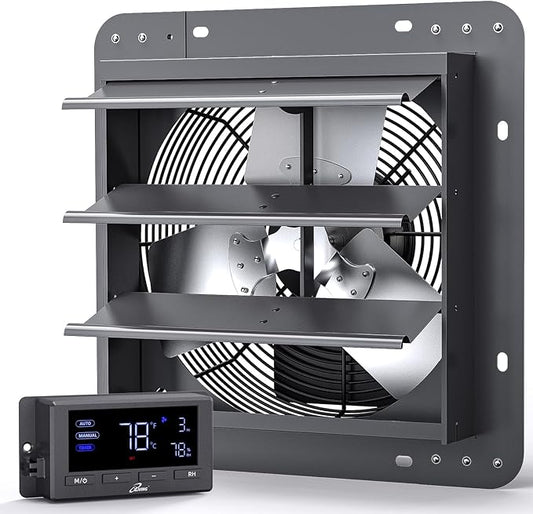 iLiving 12" Wall Mounted Shutter Exhaust Fan, Automatic Shutter, Temperature and Humidity Controls with Variable Speed, 960 CFM at 1600 RPM DC Motor