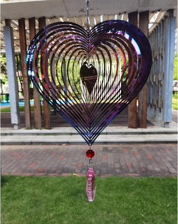 3D Heart Wind Spinner - Flowing Light Effect, Purple-Green Gradient Metal Spinner for Outdoor Garden Decor, Unique Gift for Mom & Women