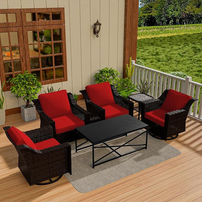 Vista Vibe 6 Pieces Outdoor Rattan Patio Conversation Furniture Set - 360 Degree Swivel Glider Rocker Chairs | Coffee Table | 2 Wicker Chairs, Washable Cushions, Terrace, Sunroom (Brown/Red)