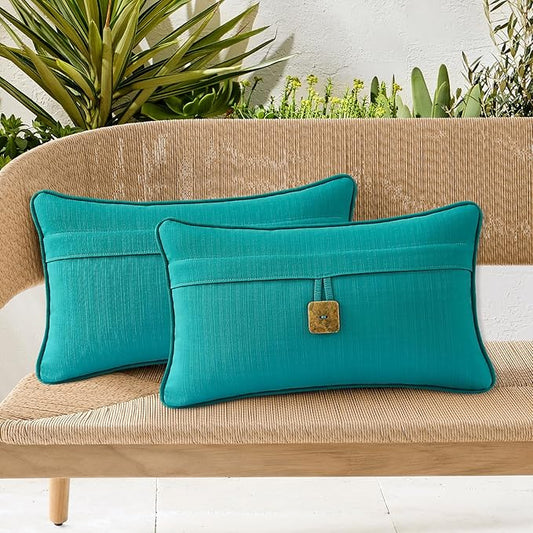 Outdoor Decorative Pillows with Coconut Button Pack of 4, 20" x 12" Outdoor Pillow Set for Couch Bed Throw Patio Sofa, Peacock Blue