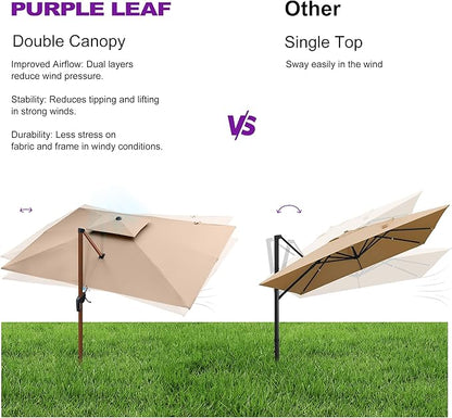 PURPLE LEAF 10' X 13' Double Top Deluxe Wood Pattern Rectangle Patio Umbrella Offset Hanging Umbrella Outdoor Market Umbrella Garden Umbrella, Beige