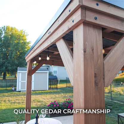 Backyard Discovery Arcadia 20' x 9.5' Cedar Wood Outdoor Gazebo Pavilion with Hardtop Galvanized Steel Slope Roof, Snow Support, Wind Resistance, PowerPort, Shade for Garden, Patio, Deck, Entertaining