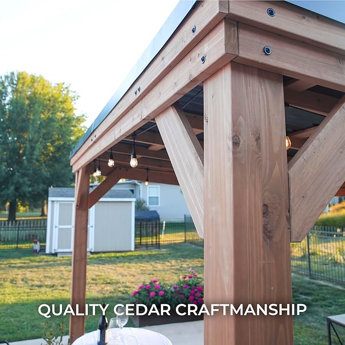 Backyard Discovery Arcadia 12' x 9.5' Cedar Wood Outdoor Gazebo Pavilion with Hardtop Galvanized Steel Slope Roof, Snow Support, Wind Resistance, PowerPort, Shade for Garden, Patio, Deck, Entertaining