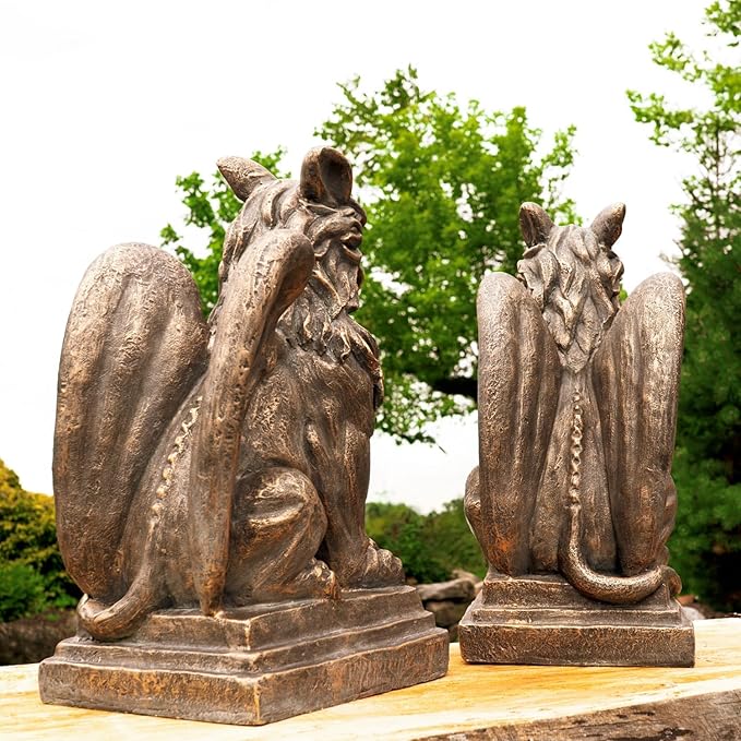 Zaer Ltd. Set of 2 Garden Griffin Statues, Magnesium-Cement Sculptures, 28.3" H Outdoor Entrance Decor (Aged Bronze)