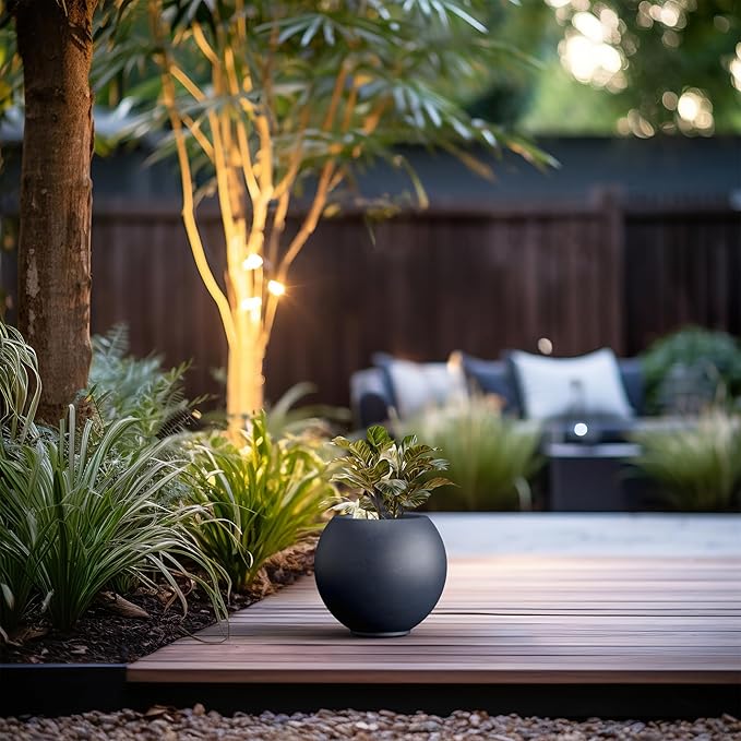 Kante Round Concrete Flower Pot, 11 Inch Dia (7.9" Opening) Sphere Shape Design Planter with Drainage Hole and Rubber Plug for Indoor & Outdoor Plants, Charcoal Finish with Warm Brown Interior