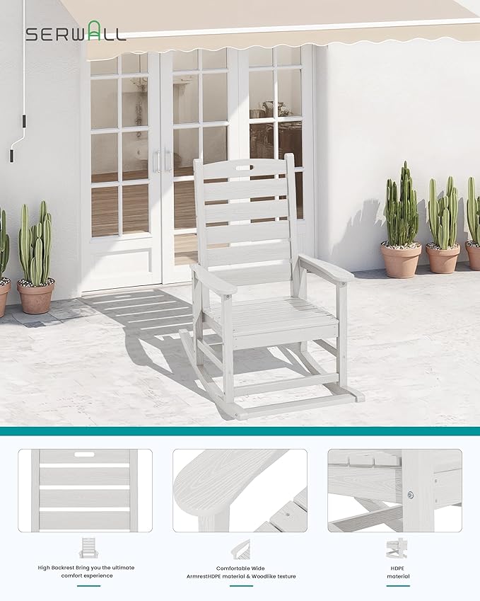 SERWALL Outdoor Rocking Chair Set of 2, Oversized Rocking Chair with Footboard for Adults, HDPE All Weather Resistant Rocking Chairs for Patio, 350lbs Weight Capacity, White