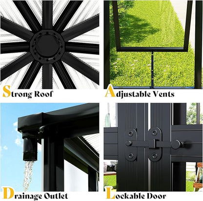 AMERLIFE 12x10x8 FT Hexagonal Hybrid Polycarbonate Greenhouse for Outdoors, Quick-Connect Assembly, Aluminum Frame with Ventilation and Rain Gutter for Backyard Garden, Black