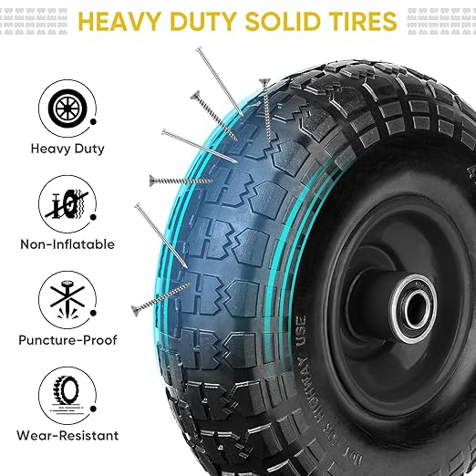 TICONN 10" Solid Tires, 4 Pack Flat Free 4.10/3.50-4'' Wheels with 5/8” Axle Bore Hole and Double Sealed Bearings (Black, 4PK)