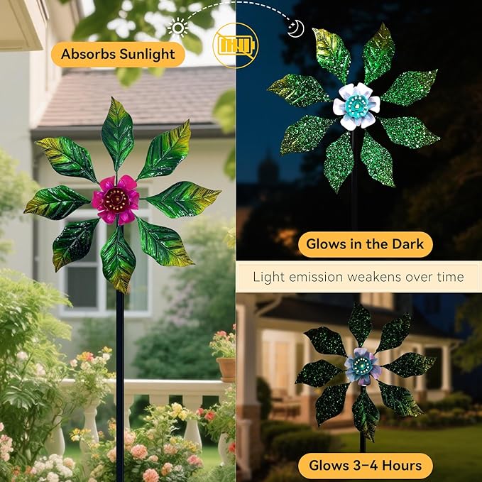 Solar Glow Garden Wind Spinner Outdoor, 13" W Flower Metal Wind Spinner & Sculptures with Fluorescent Coating, Kinetic Windmill for Yard Lawn Patio Decor