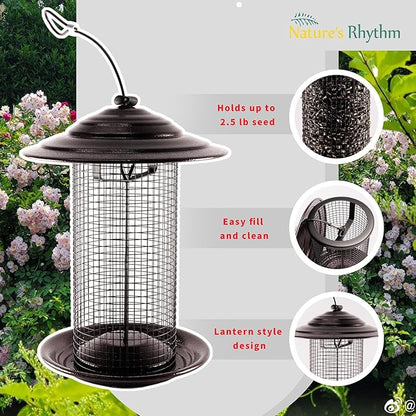 Nature's Rhythm Metal Mesh Bird Feeder, Cylindrical Feeder with Dome Lid, Holds 2.5lb of Seed, Suitable for Multiple Seeds and Birds