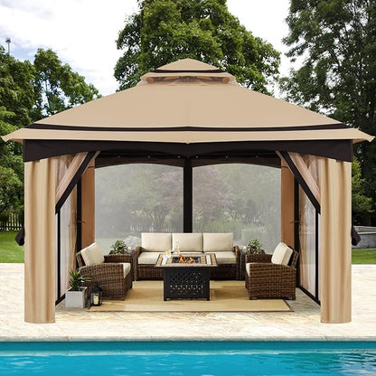 MASTERCANOPY 10x12FT Outdoor Patio Gazebo with Mosquito Netting for Backyard, Patio, Garden Beige