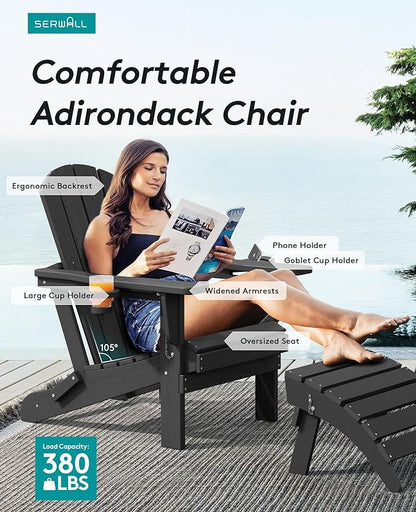 SERWALL HDPE Folding Adirondack Chair with Dual Cup Holder - Composite Adirondack Chair Set of 4- Black