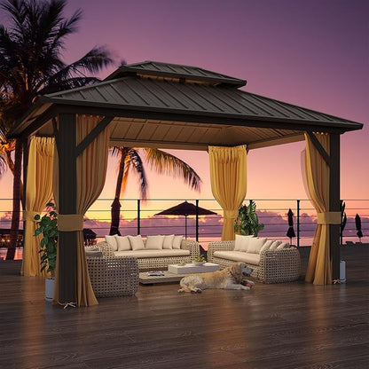 YOLENY 10' x 12' Gazebo Hardtop with Aluminum Frame,Galvanized Steel Double Roof Gazebos with Curtain and Netting,Outdoor Metal Pergolas for Garden, Lawn, Deck, Brown