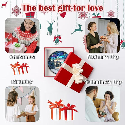 Stained Glass Window Hanging, Starry Sky Trees and Snow Sun Catchers Glass Panel Blue Suncatcher Decor for Birthday for Women, Men, Wife, Aunt, and Mom 11.8x11.8 in