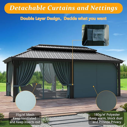 HOTEEL 12x20 Gazebo with Metal Roof Heavy Duty Hardtop Gazebo with Flame-Retardant Curtain & Netting, Hot Tub Gazebos with Galvanized Steel Double Roof, Outdoor Canopy for Patio, Party (2025 Upgraded)