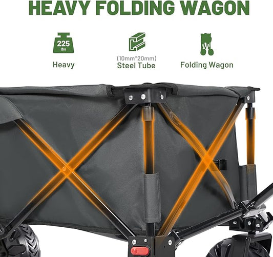 Timber Ridge Outdoor Collapsible Wagon with Brakes Utility Folding Cart Heavy Duty All Terrain Wheels for Shopping Camping Garden with Side Bag and Cup Holders, Grey