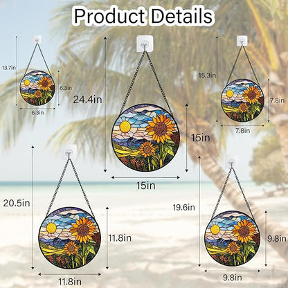 Stained Glass Suncatcher, Sunflower Flowers Landscape Sun Catcher Plant Mountains Stain Glass Window Hanging Decoration Mother's Day Birthday Gifts for Women Men Mom Nana 7.8 in