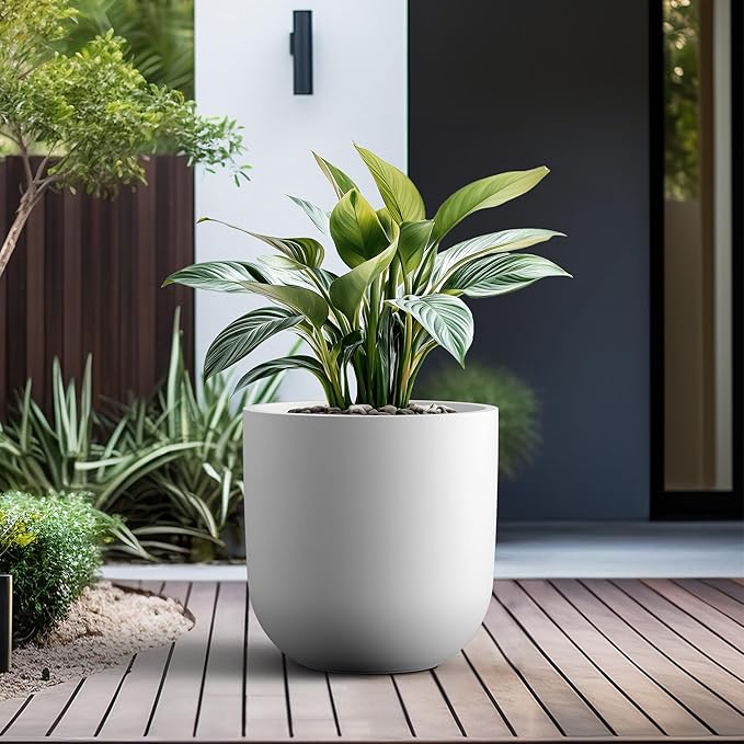 Kante 16.5" Round Concrete Planter, Large Cylinder Plant Pot with Curved Bottom and Drainage Hole, for Indoor and Outdoor Use – Garden or Patio, White Finish with Aqua Blue Interior