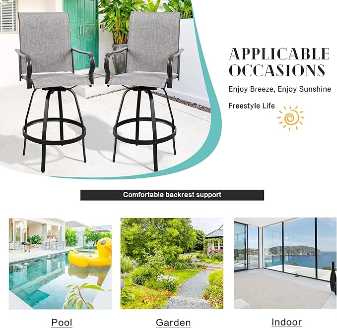 Vongrasig 4 Piece Patio Swivel Bar Chairs, All Weather Metal Textile High Swivel Bar Stools Chairs, Outdoor High Top Bistro Set for Backyard, Lawn Garden, Balcony, Light Grey