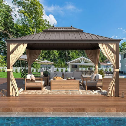 YOLENY 10' x 12' Hardtop Gazebo with Double Galvanized Steel Roof, Pergolas Aluminum Frame, Curtains and Netting Included, Metal Outdoor Gazebos for Patios, Garden, Lawns, Parties